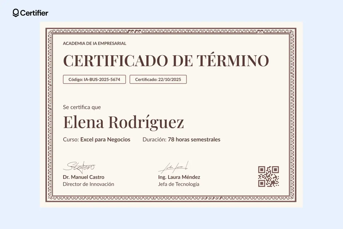 Esta plantilla certificado de finalización con diseño sobrio es ideal para cursos online con contenido práctico o técnico. Esta plantilla certificado de finalización con diseño sobrio es ideal para cursos online con contenido práctico o técnico.