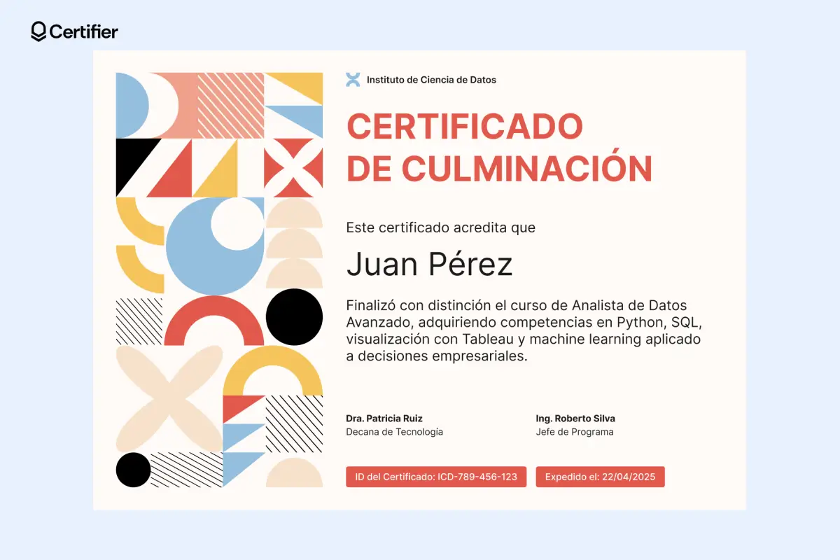 Plantilla certificado de finalización con diseño creativo y colorido. Plantilla certificado de finalización con diseño creativo y colorido.