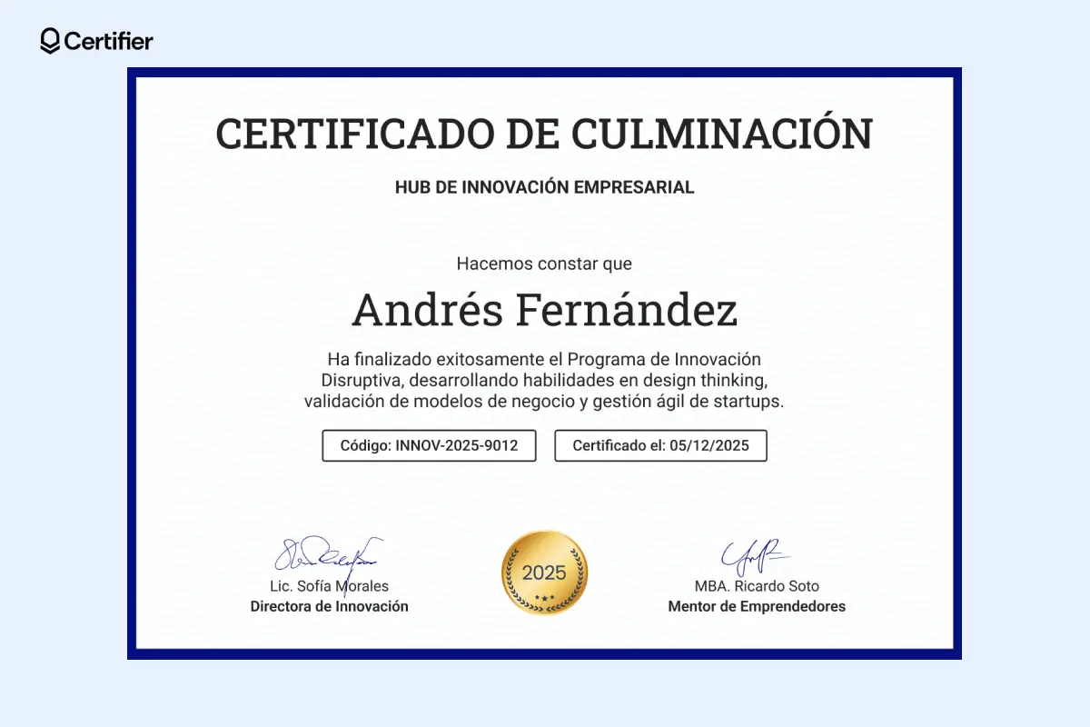 Esta plantilla certificado de finalización con espacio para firmas y diseño elegante es ideal para talleres o cursos de desarrollo profesional. Esta plantilla certificado de finalización con espacio para firmas y diseño elegante es ideal para talleres o cursos de desarrollo profesional.
