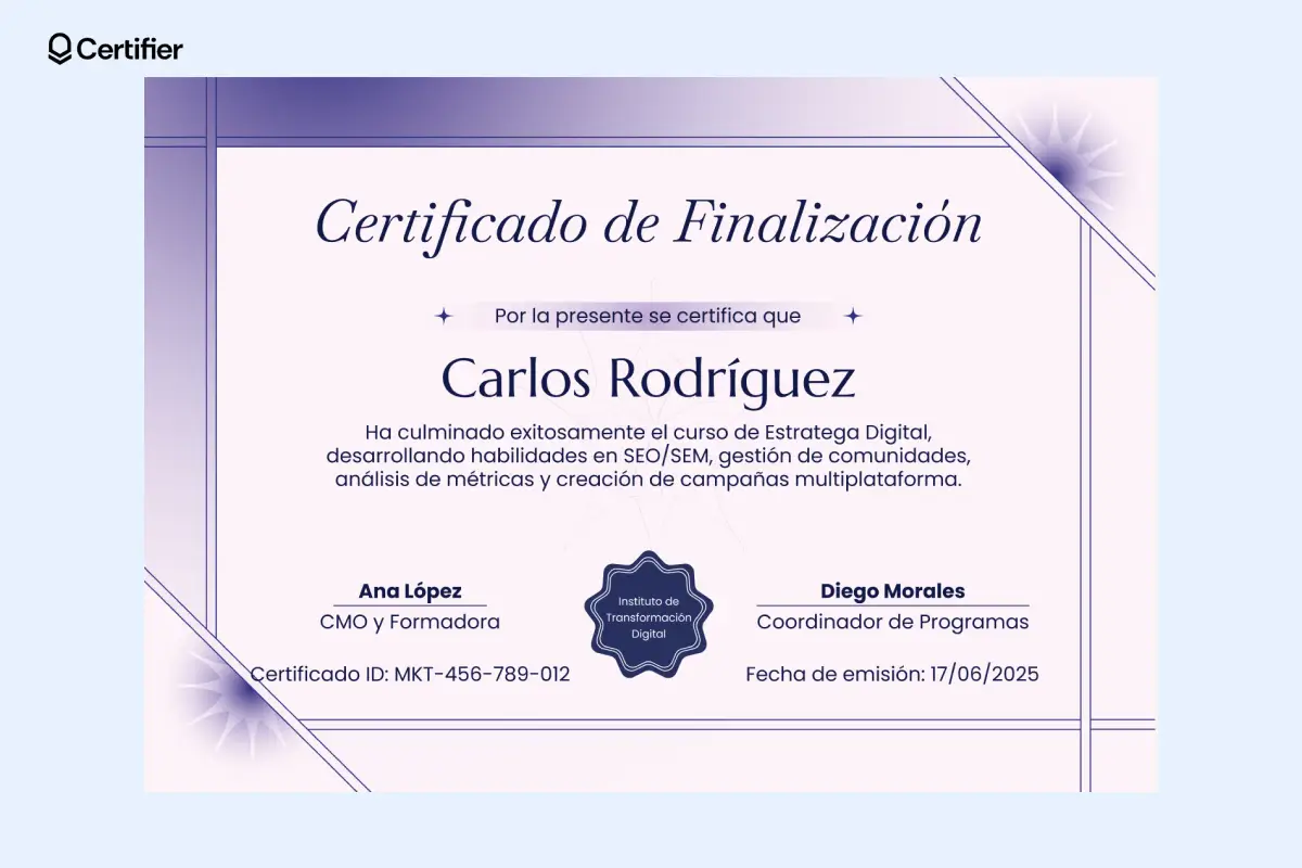 Este certificado imprimible moderno sirve como diploma de finalización editable para cursos online, talleres o seminarios profesionales. Este certificado imprimible moderno sirve como diploma de finalización editable para cursos online, talleres o seminarios profesionales.