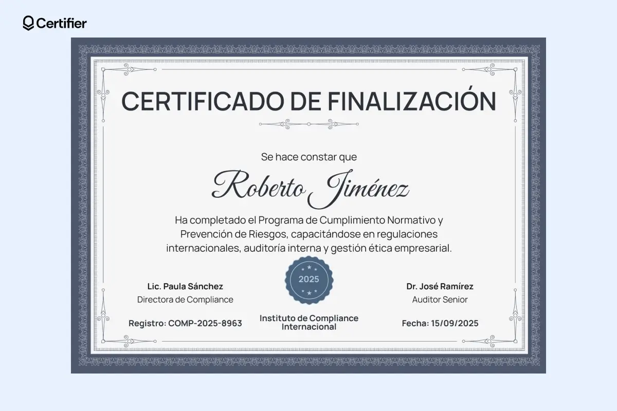 Esta plantilla certificado de finalización presenta un diseño clásico con bordes decorativos, ideal para eventos profesionales o formaciones internas. Esta plantilla certificado de finalización presenta un diseño clásico con bordes decorativos, ideal para eventos profesionales o formaciones internas.