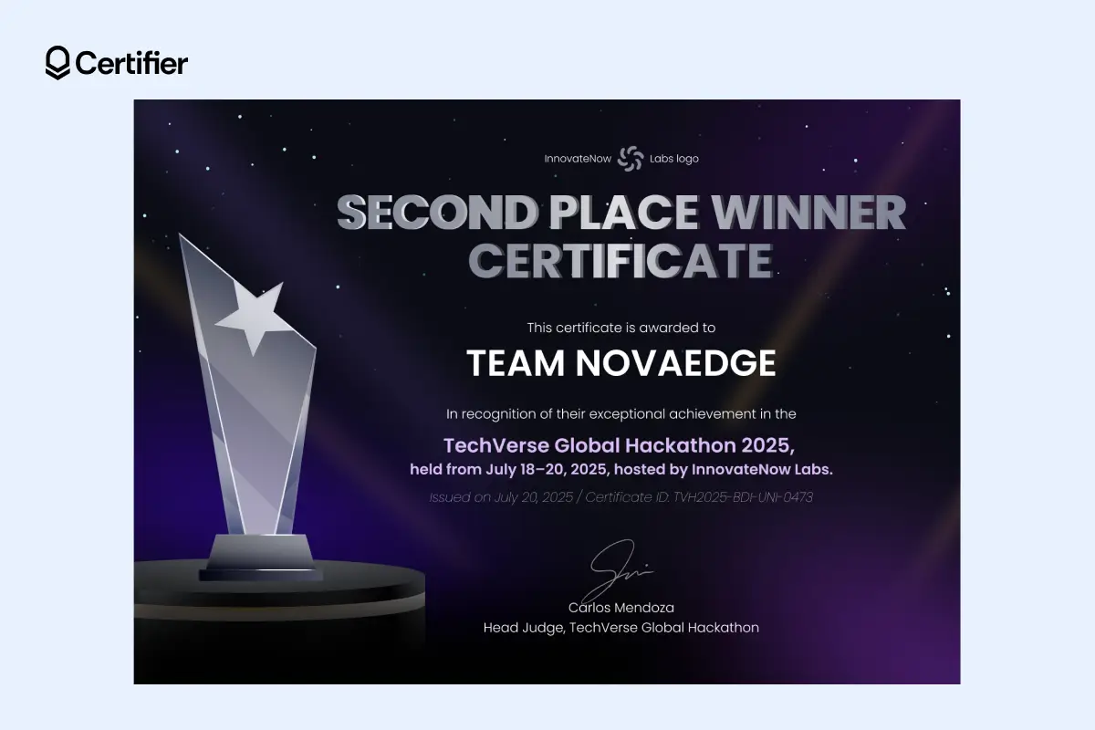 Second place winner certificate template with dark cosmic theme and tall trophy icon; one of the free certificate templates available in the Certifier site. Second place winner certificate template with dark cosmic theme and tall trophy icon; one of the free certificate templates available in the Certifier site.