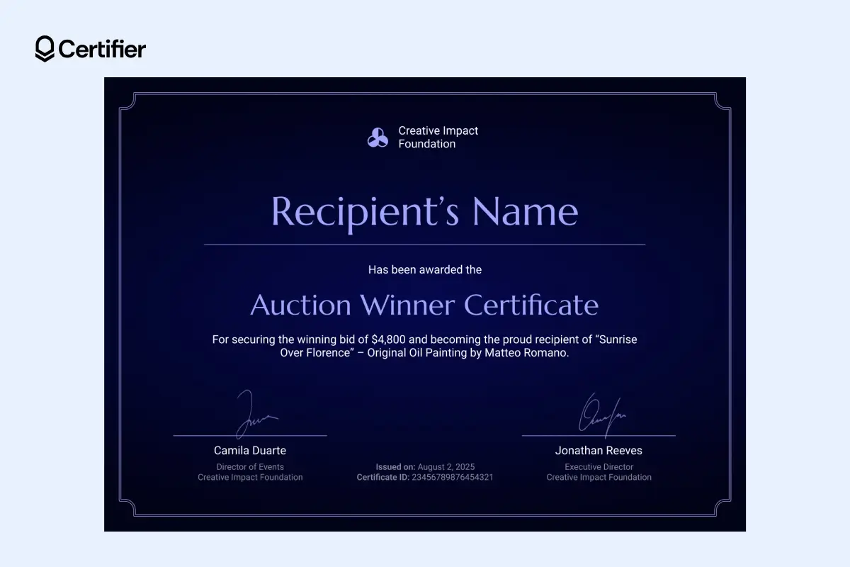 Navy printable auction winner certificate template with logo space and editable bid info; free download available. Navy printable auction winner certificate template with logo space and editable bid info; free download available.
