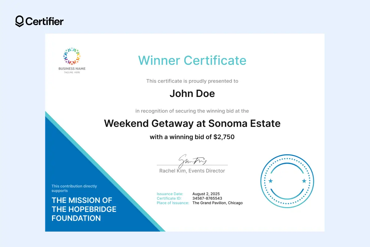 Auction winner certificate template with white background, clear layout and editable elements. Auction winner certificate template with white background, clear layout and editable elements.