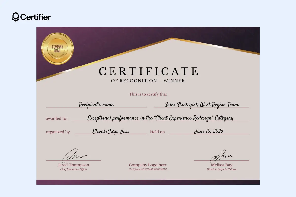 Champion certificate template with deep red banner, gold line and shareable badge space. Champion certificate template with deep red banner, gold line and shareable badge space.