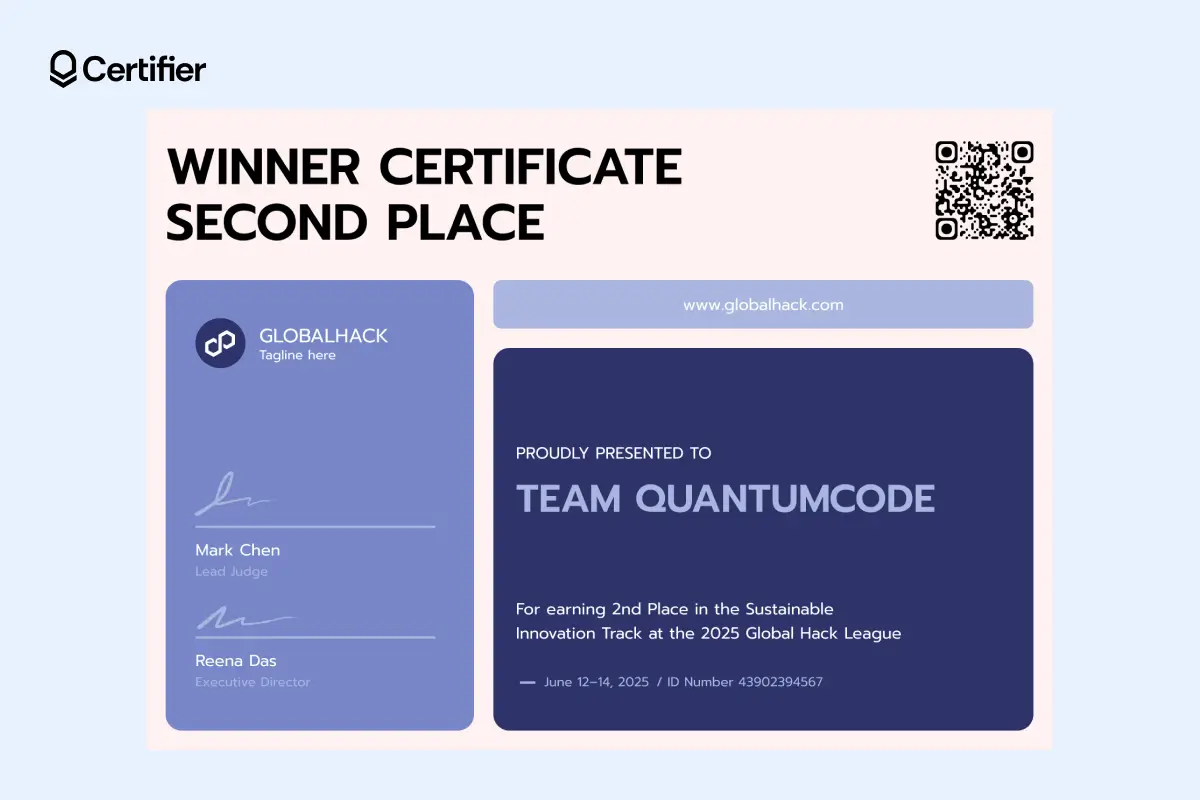 Winner certificate 1st 2nd 3rd place certificate template with blue sections and QR code. Winner certificate 1st 2nd 3rd place certificate template with blue sections and QR code.
