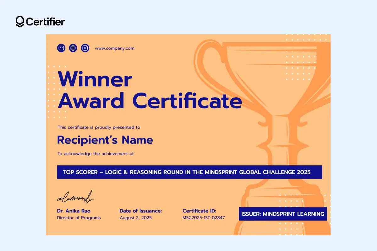 Orange winner certificate template with prize badge, trophy outline and bold navy text. Orange winner certificate template with prize badge, trophy outline and bold navy text.