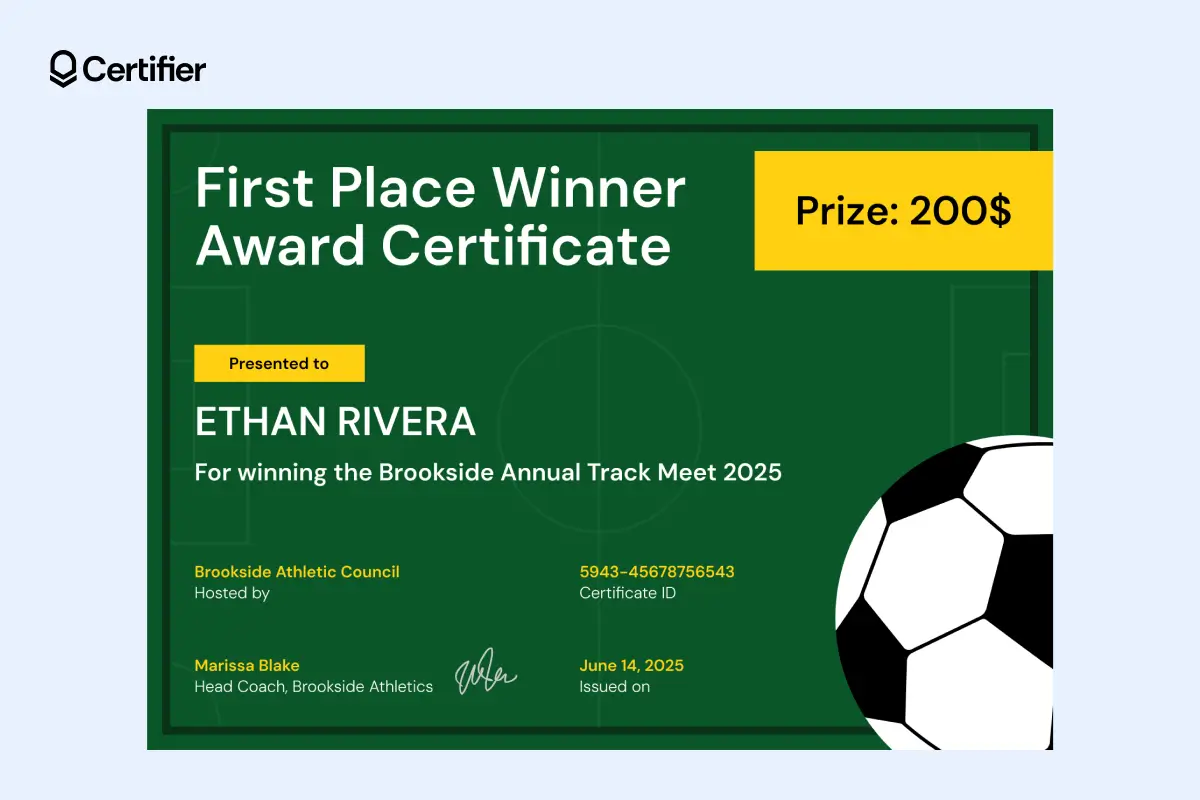 First place winner certificate template with green football pitch layout and soccer ball graphic. First place winner certificate template with green football pitch layout and soccer ball graphic.