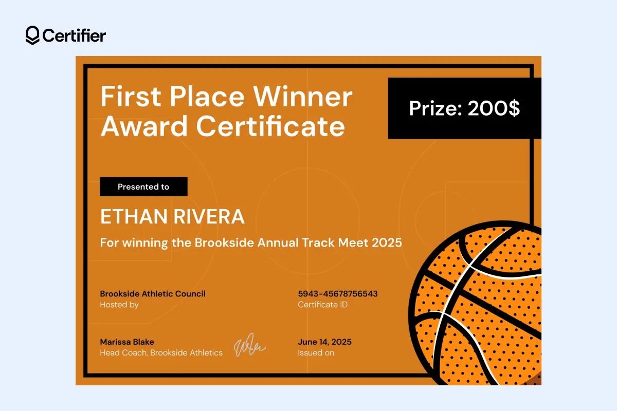 Winner award certificate template with large orange trophy graphic, navy text and structured content blocks. Winner award certificate template with large orange trophy graphic, navy text and structured content blocks.