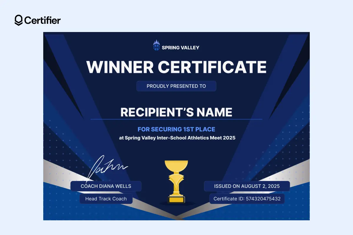 Dark blue blank winner certificate template with gold trophy icon, signature field and 1st place title. Dark blue blank winner certificate template with gold trophy icon, signature field and 1st place title.