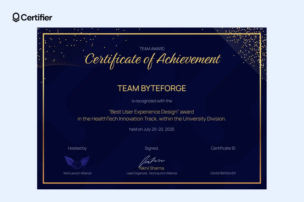 Navy and gold certificate winner template with decorative border and auto-filled ID field. Navy and gold certificate winner template with decorative border and auto-filled ID field.