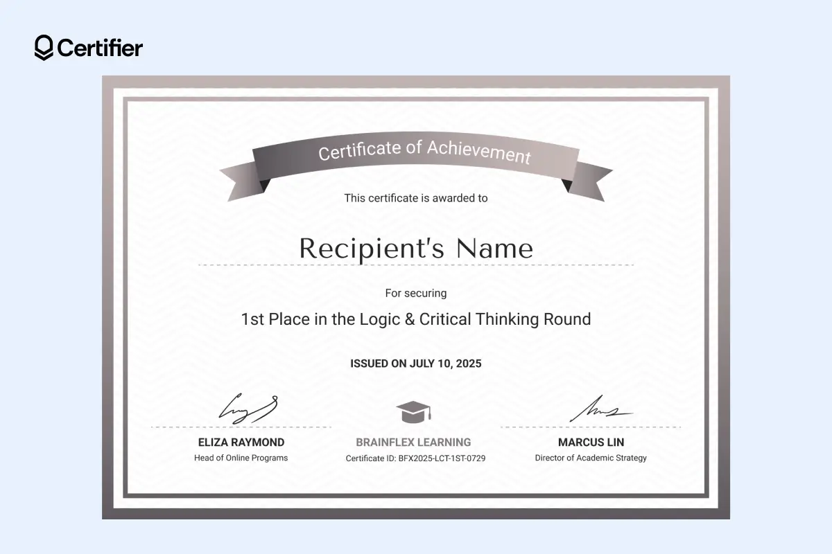 Modern certificate for prize winners template with navy ribbon, white background and stylish header. Modern certificate for prize winners template with navy ribbon, white background and stylish header.