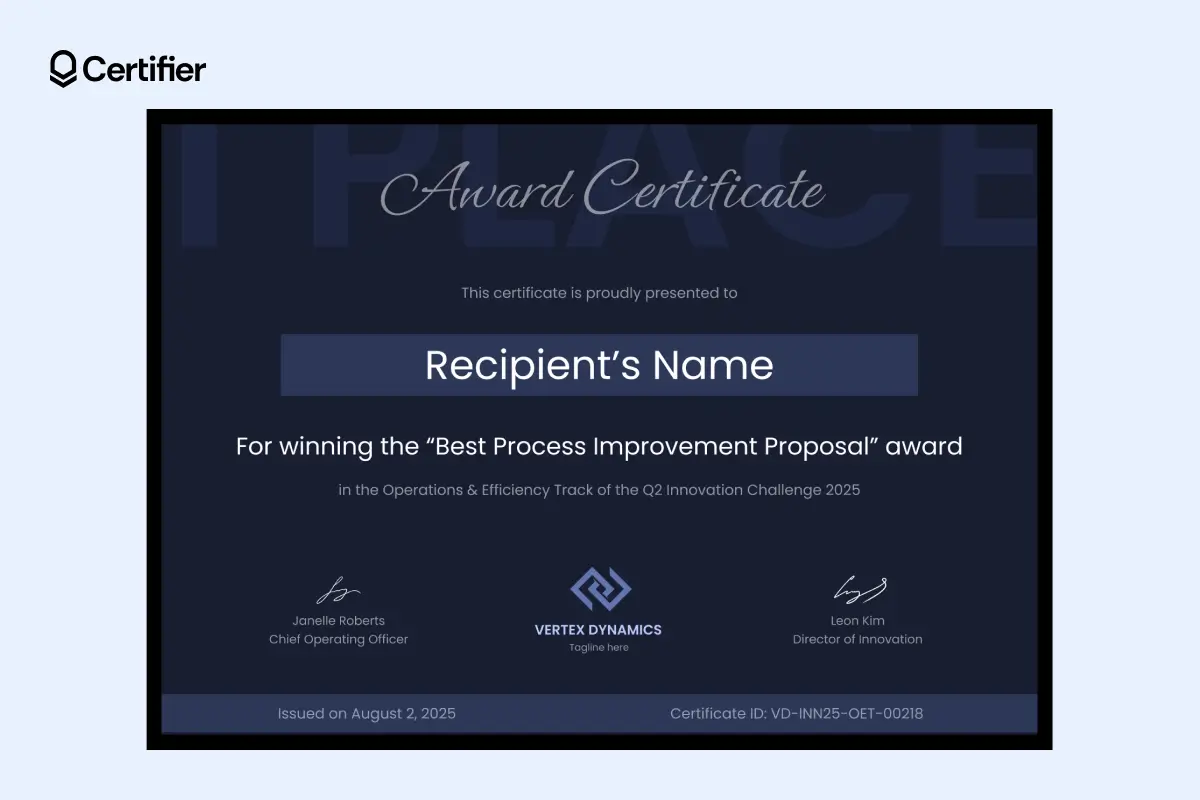 Competition winner certificate template Word with dark theme, clear layout and large award title area. Competition winner certificate template Word with dark theme, clear layout and large award title area.
