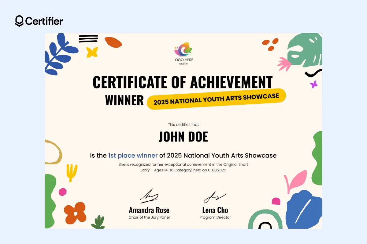Modern certificate of prize winner template with floral illustrations and playful design. Modern certificate of prize winner template with floral illustrations and playful design.
