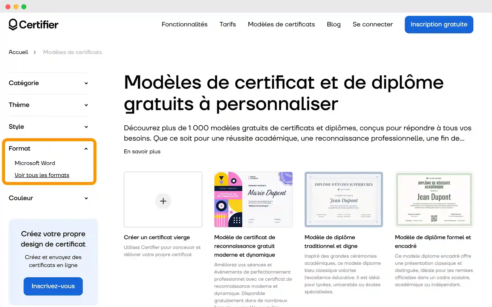 Interface Certifier montrant comment créer un diplôme sur Word à partir d’un modèle diplôme Word gratuit et personnalisable.