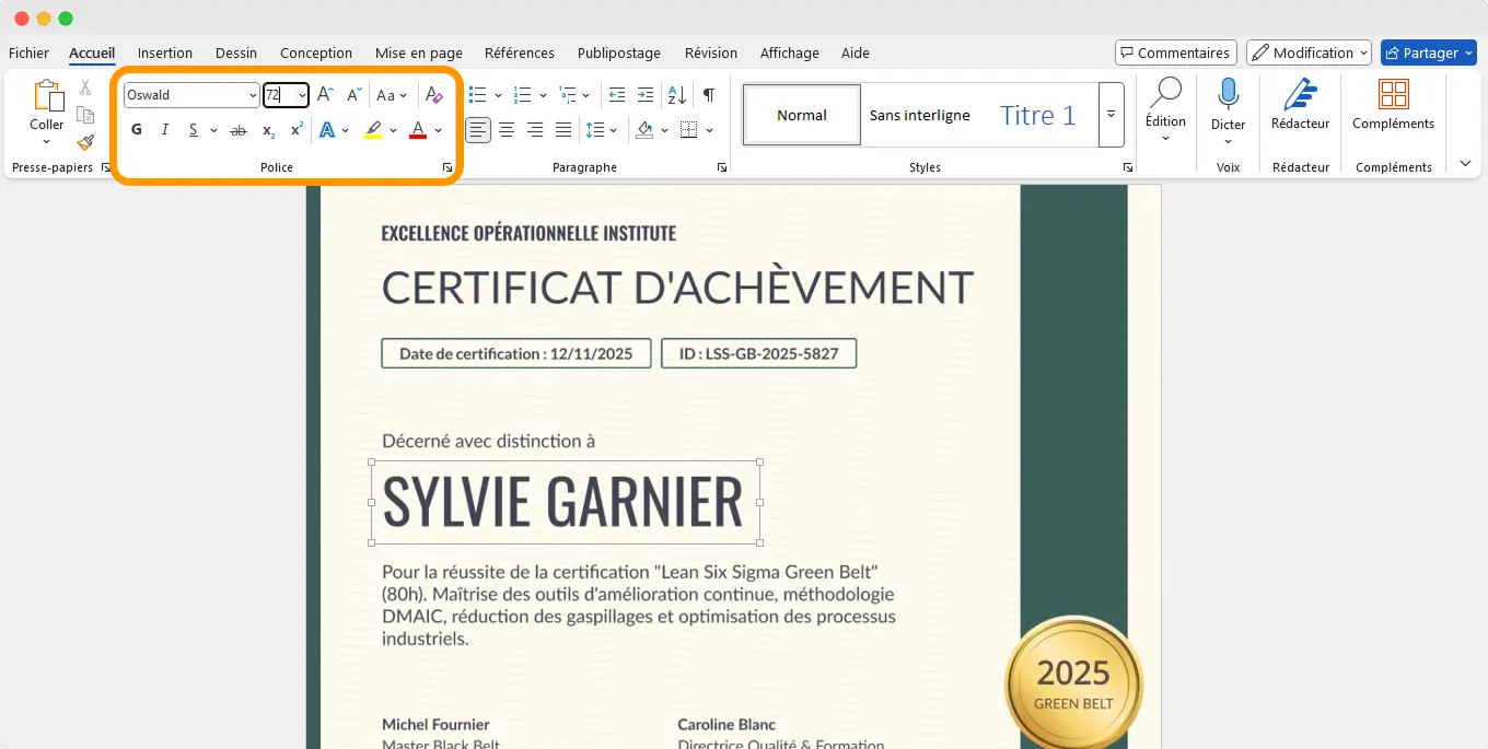 Exemple de diplôme professionnel Word avec mise en forme du texte et personnalisation du nom du destinataire.