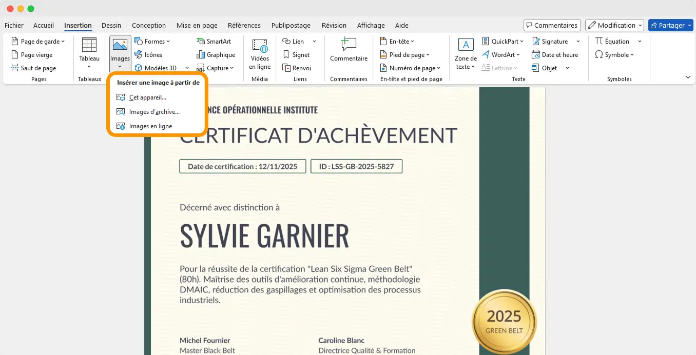 Tutoriel Word illustrant comment faire un certificat sur Word en insérant le logo de l’entreprise.
