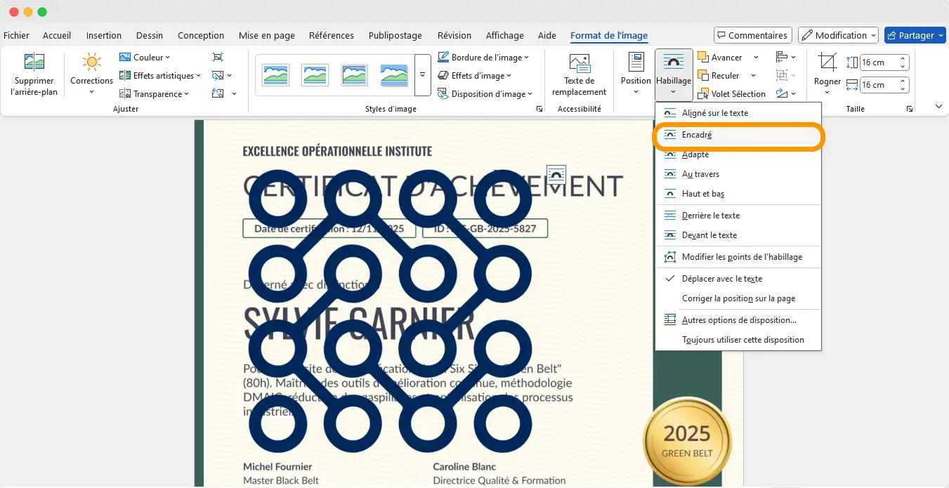 Exemple d’un diplôme vierge à personnaliser dans Word avec options d’habillage du texte pour placer le logo.