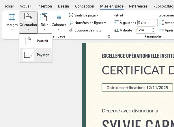 Capture d’écran Word expliquant comment créer un diplôme sur Word en choisissant l’orientation portrait ou paysage.