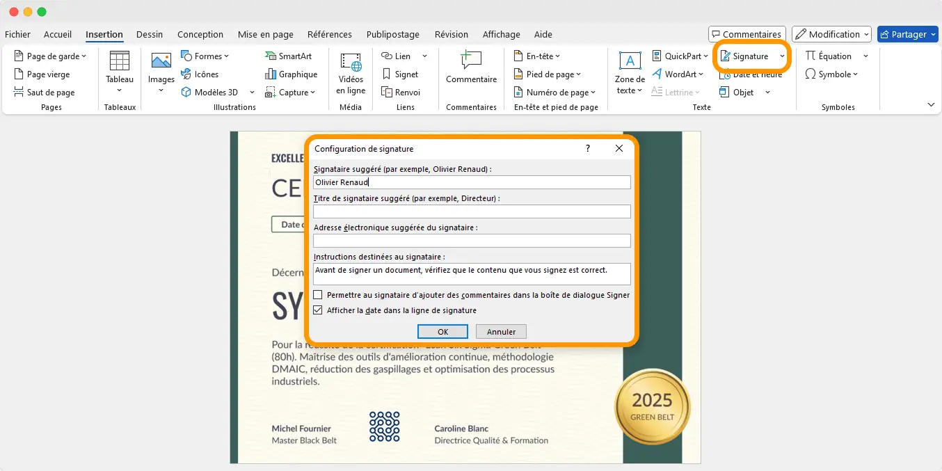 Fenêtre de configuration Word pour ajouter une signature numérique et finaliser un tutoriel diplôme Microsoft Word.