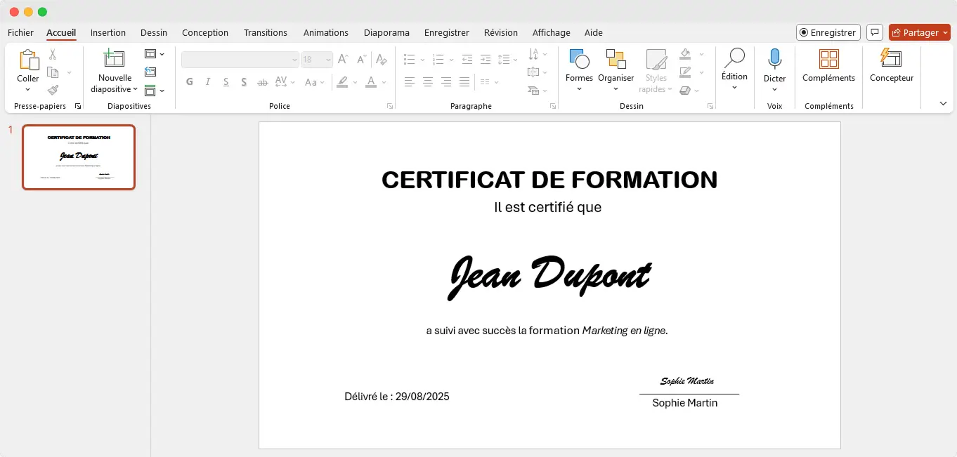Exemple de certificat de formation PowerPoint finalisé, attribué à Jean Dupont pour une formation en marketing en ligne. Exemple de certificat de formation PowerPoint finalisé, attribué à Jean Dupont pour une formation en marketing en ligne.