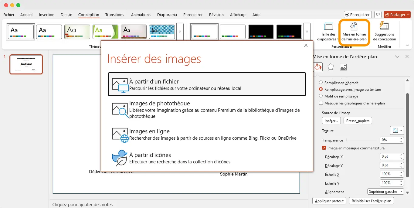 Interface PowerPoint montrant les options pour insérer un arrière-plan lors de la création d’un certificat à imprimer PowerPoint. Interface PowerPoint montrant les options pour insérer un arrière-plan lors de la création d’un certificat à imprimer PowerPoint.