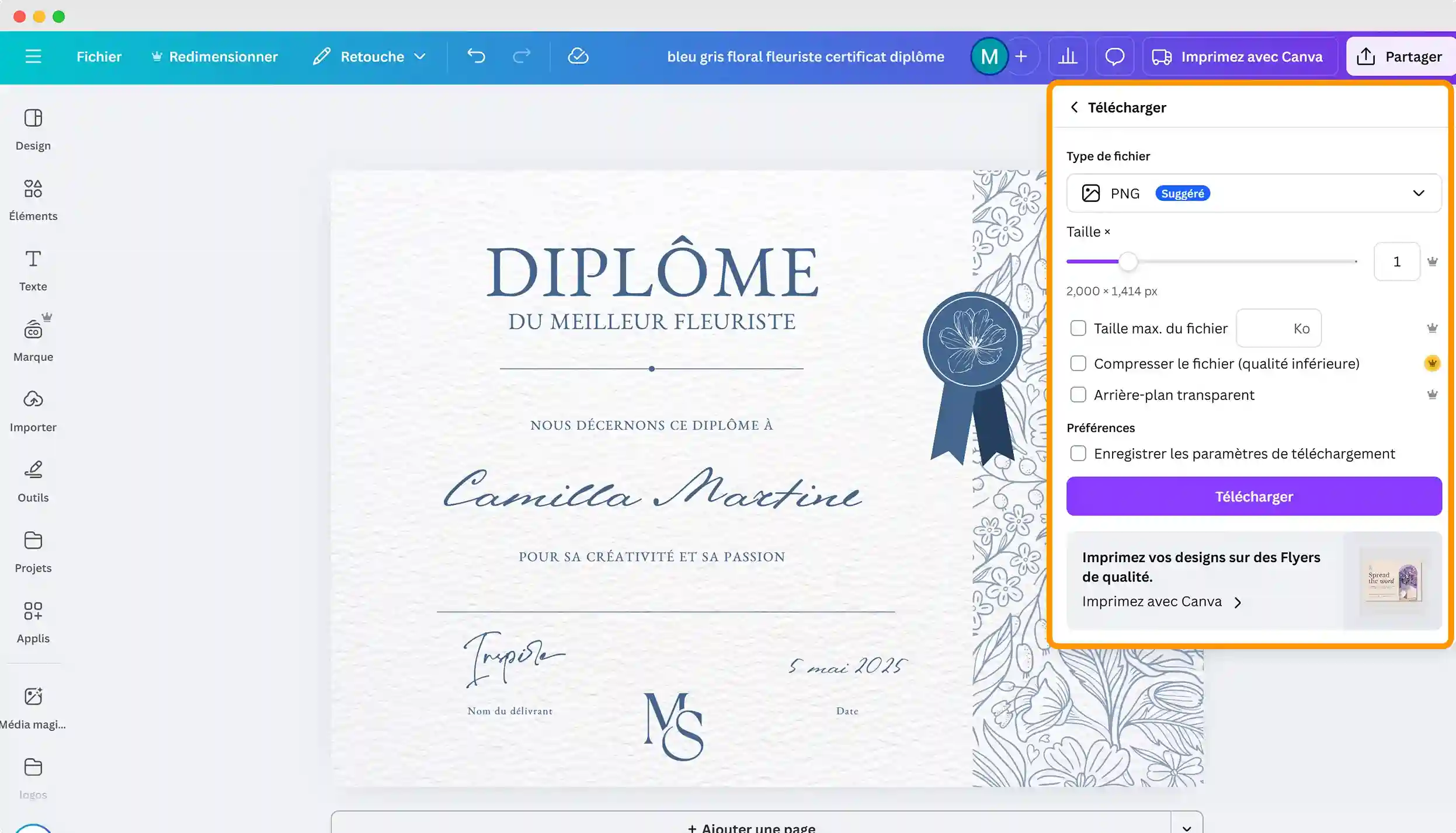 Options de téléchargement dans Canva permettant de télécharger diplôme PDF Canva en différents formats. Options de téléchargement dans Canva permettant de télécharger diplôme PDF Canva en différents formats.