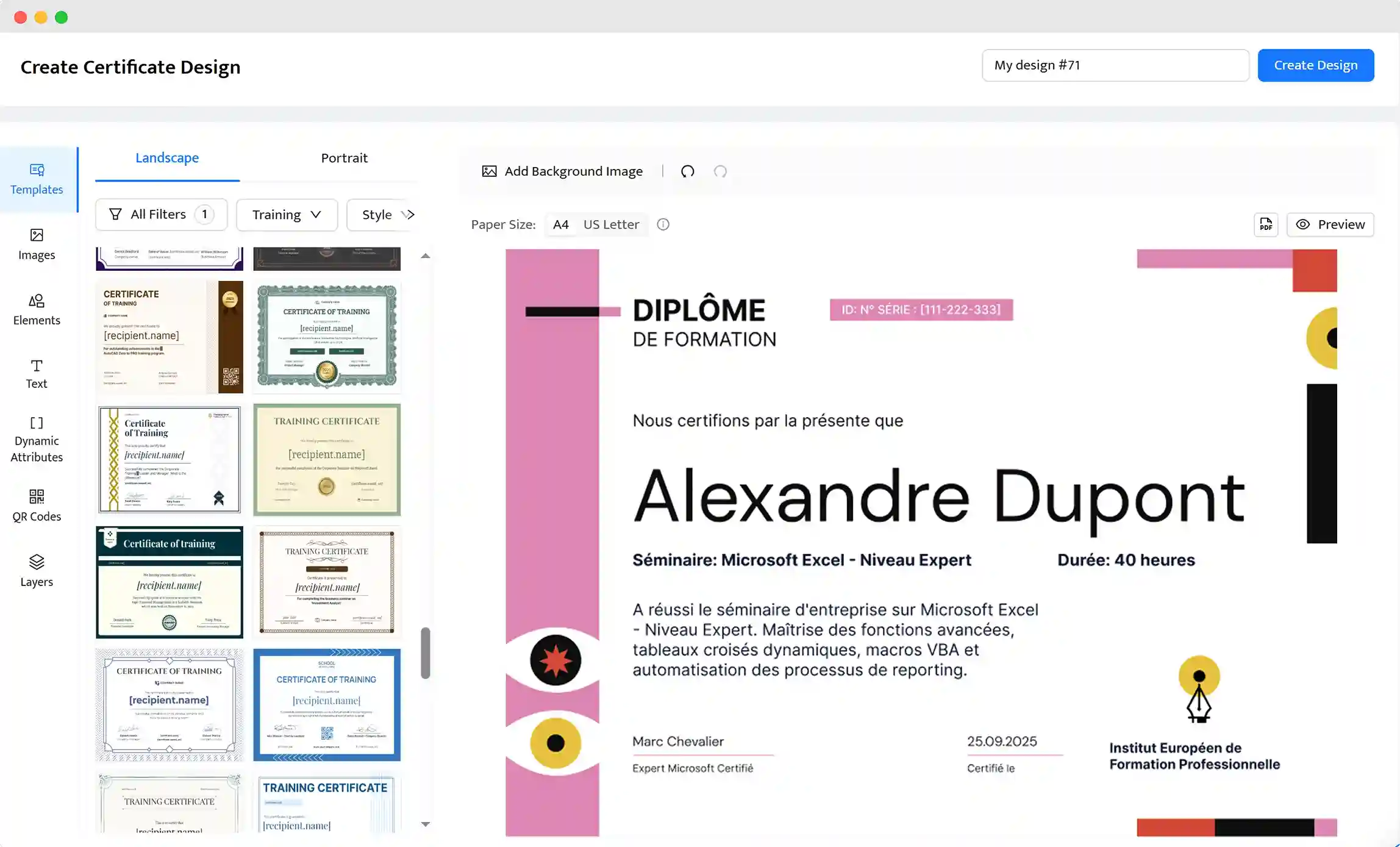 Éditeur de Certifier avec modèle de diplôme de formation prêt à être personnalisé pour une attestation de participation Canva. Éditeur de Certifier avec modèle de diplôme de formation prêt à être personnalisé pour une attestation de participation Canva.