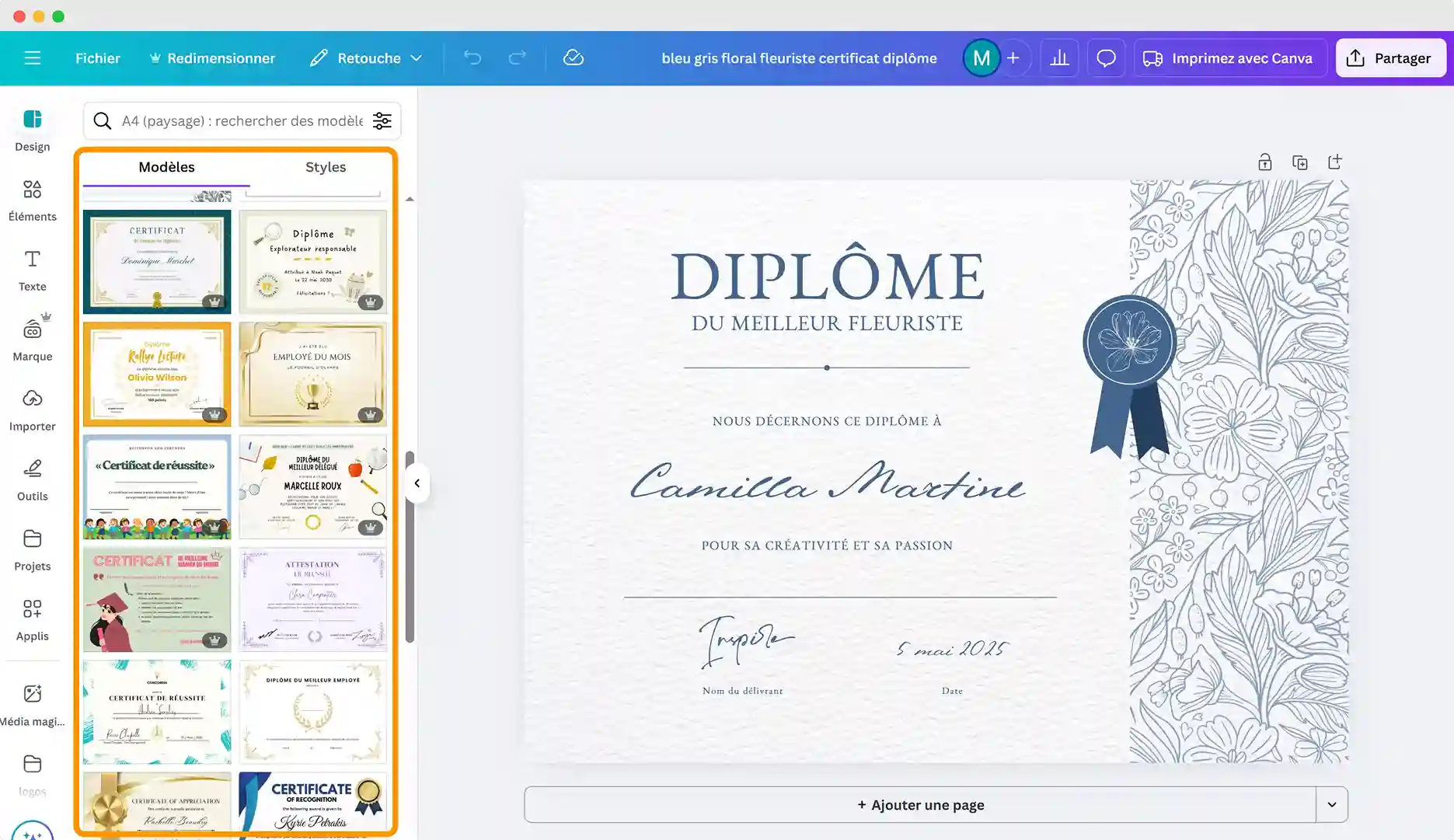 Éditeur glisser-déposer Canva affichant un diplôme à imprimer Canva prêt à être personnalisé. Éditeur glisser-déposer Canva affichant un diplôme à imprimer Canva prêt à être personnalisé.