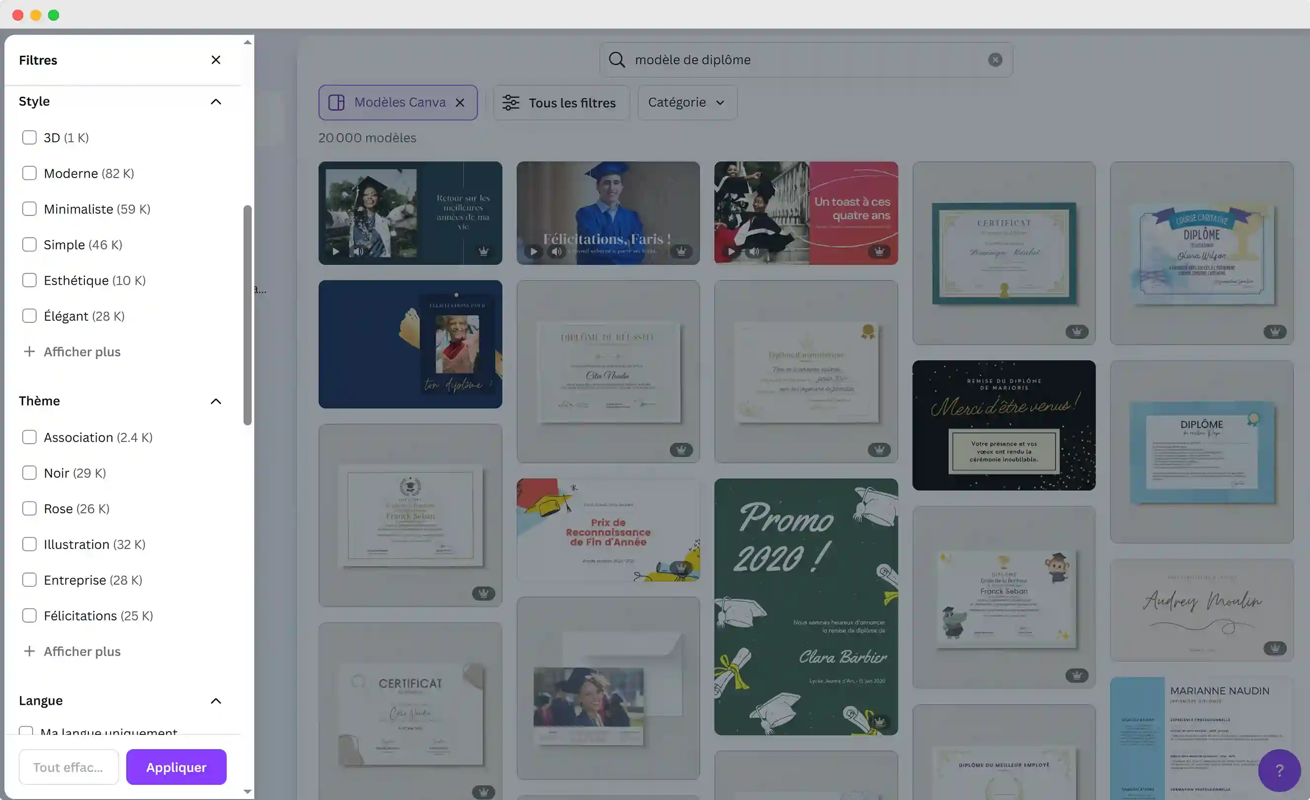 Galerie de modèles de diplôme Canva filtrée par style et thème pour sélectionner un certificat de réussite Canva. Galerie de modèles de diplôme Canva filtrée par style et thème pour sélectionner un certificat de réussite Canva.