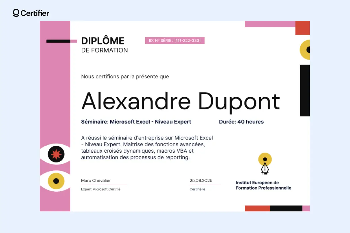 Diplôme finalisé dans Certifier avec le nom du participant, montrant un exemple de certificat de réussite Canva. Diplôme finalisé dans Certifier avec le nom du participant, montrant un exemple de certificat de réussite Canva.