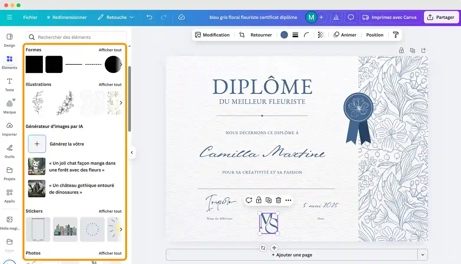 Menu latéral de Canva affichant des éléments graphiques pour personnaliser certificat Canva. Menu latéral de Canva affichant des éléments graphiques pour personnaliser certificat Canva.