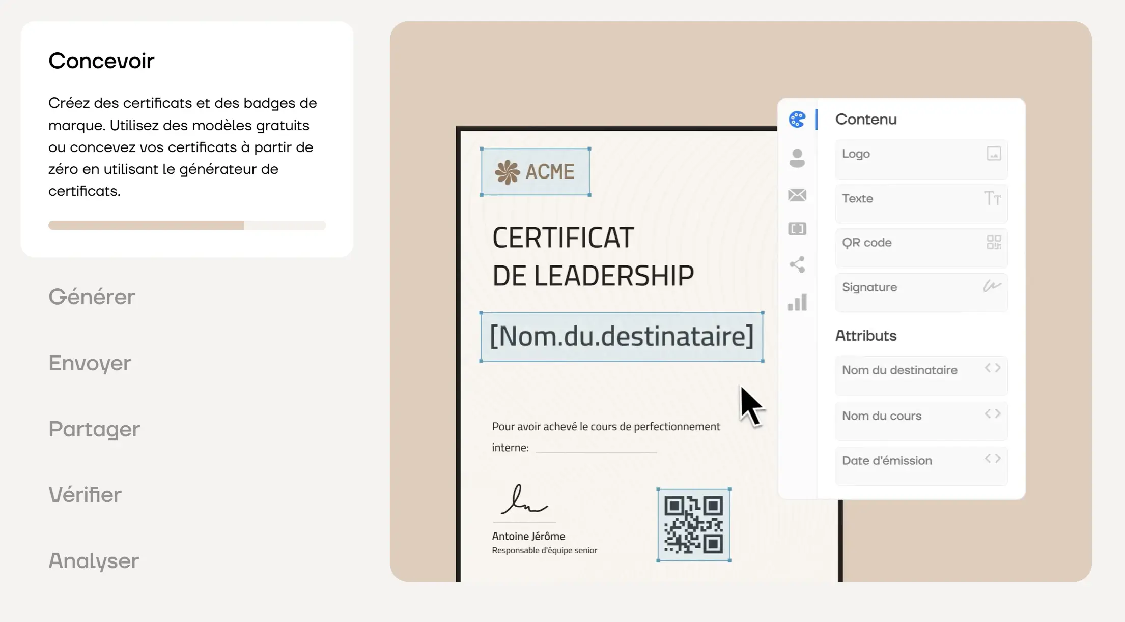 Vue de l'éditeur Certifier permettant de personnaliser un modèle diplôme personnalisable avec des champs dynamiques. Vue de l'éditeur Certifier permettant de personnaliser un modèle diplôme personnalisable avec des champs dynamiques.