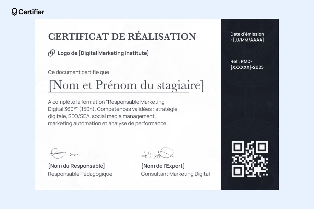 Certificat d’achèvement moderne et épuré, parfait pour les formations et ateliers en entreprise. Certificat d’achèvement moderne et épuré, parfait pour les formations et ateliers en entreprise.