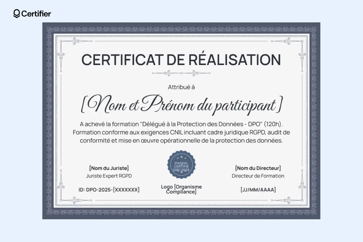 Certificat d’achèvement élégant au style académique, idéal pour les formations d’entreprise. Certificat d’achèvement élégant au style académique, idéal pour les formations d’entreprise.