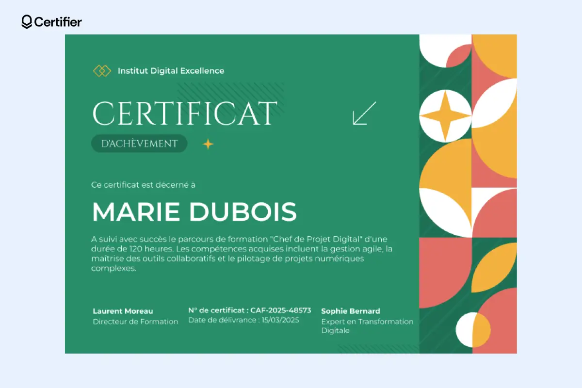 Certificat d’achèvement moderne pour cours et formations, élégant et personnalisable. Certificat d’achèvement moderne pour cours et formations, élégant et personnalisable.