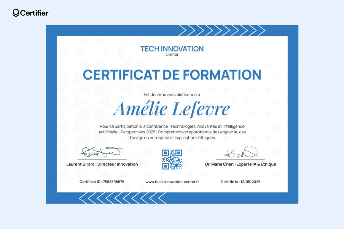 Modèle en bleu avec QR code et nom du destinataire en valeur. Modèle en bleu avec QR code et nom du destinataire en valeur.