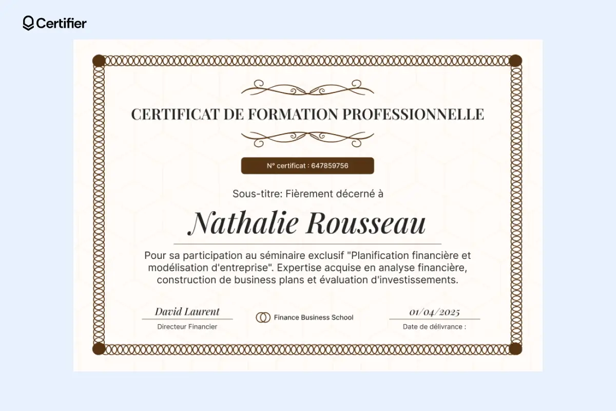 Certificat élégant avec ornements discrets et nom au centre. Certificat élégant avec ornements discrets et nom au centre.