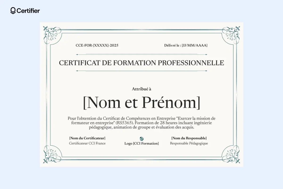 Modèle certificat de formation PDF modifiable avec cadre vert et fond beige. Modèle certificat de formation PDF modifiable avec cadre vert et fond beige.