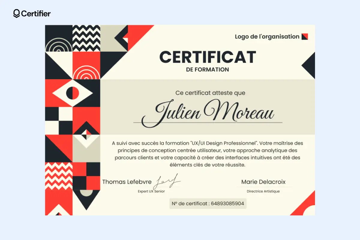 Modèle d'attestation de qualification professionnelle; modèle géométrique avec éléments rouges et un large espace pour le descriptif. Modèle d'attestation de qualification professionnelle; modèle géométrique avec éléments rouges et un large espace pour le descriptif.