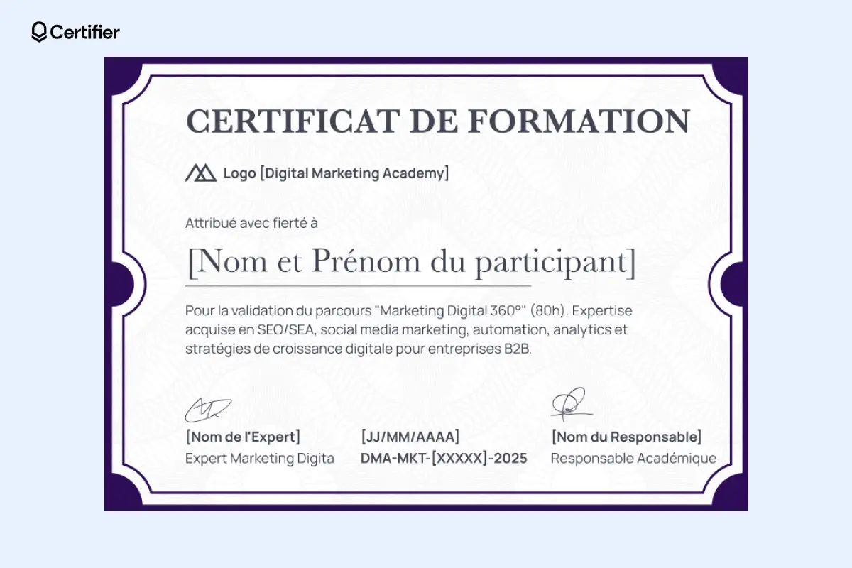 Modèle de certificat de fin de formation avec cadre foncé. Modèle de certificat de fin de formation avec cadre foncé.