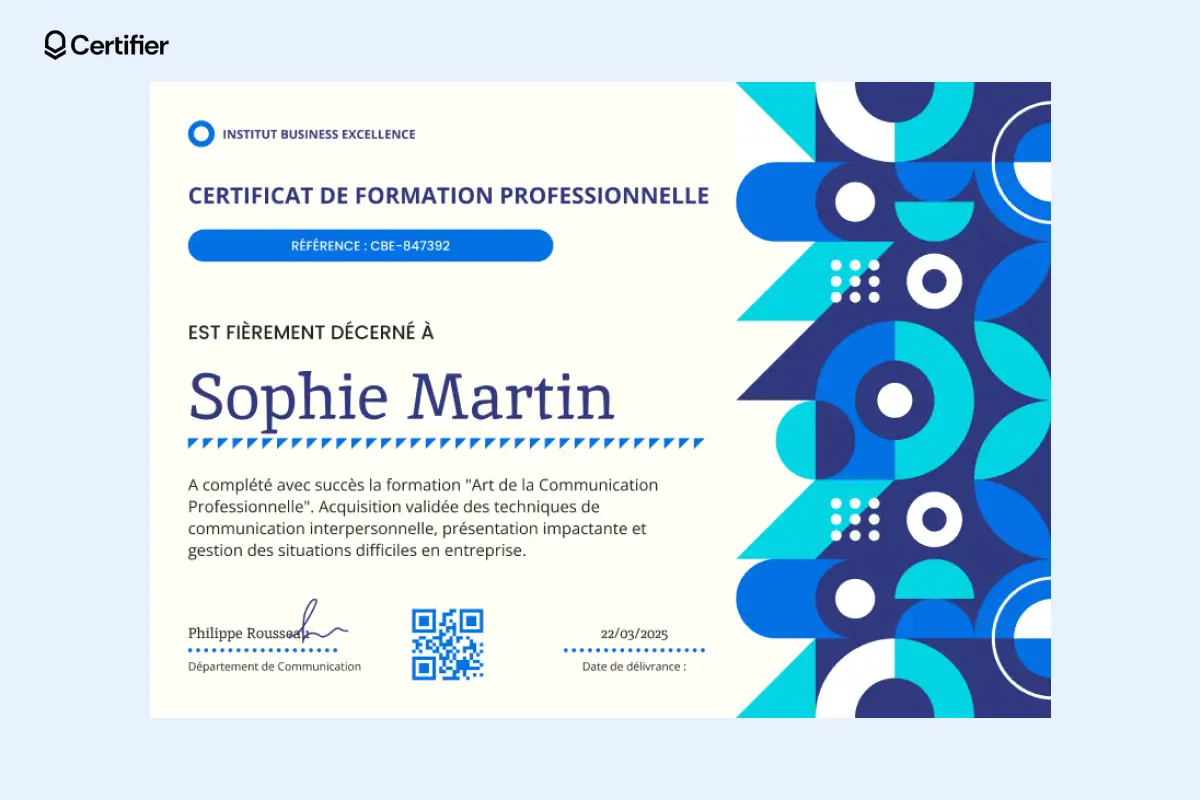 Certificat bleu avec éléments personnalisés (QR code, signatures, logo). Certificat bleu avec éléments personnalisés (QR code, signatures, logo).