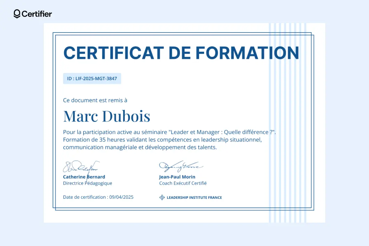 Certificat lumineux en bleu avec espace pour les signatures et le nom du destinataire. Certificat lumineux en bleu avec espace pour les signatures et le nom du destinataire.