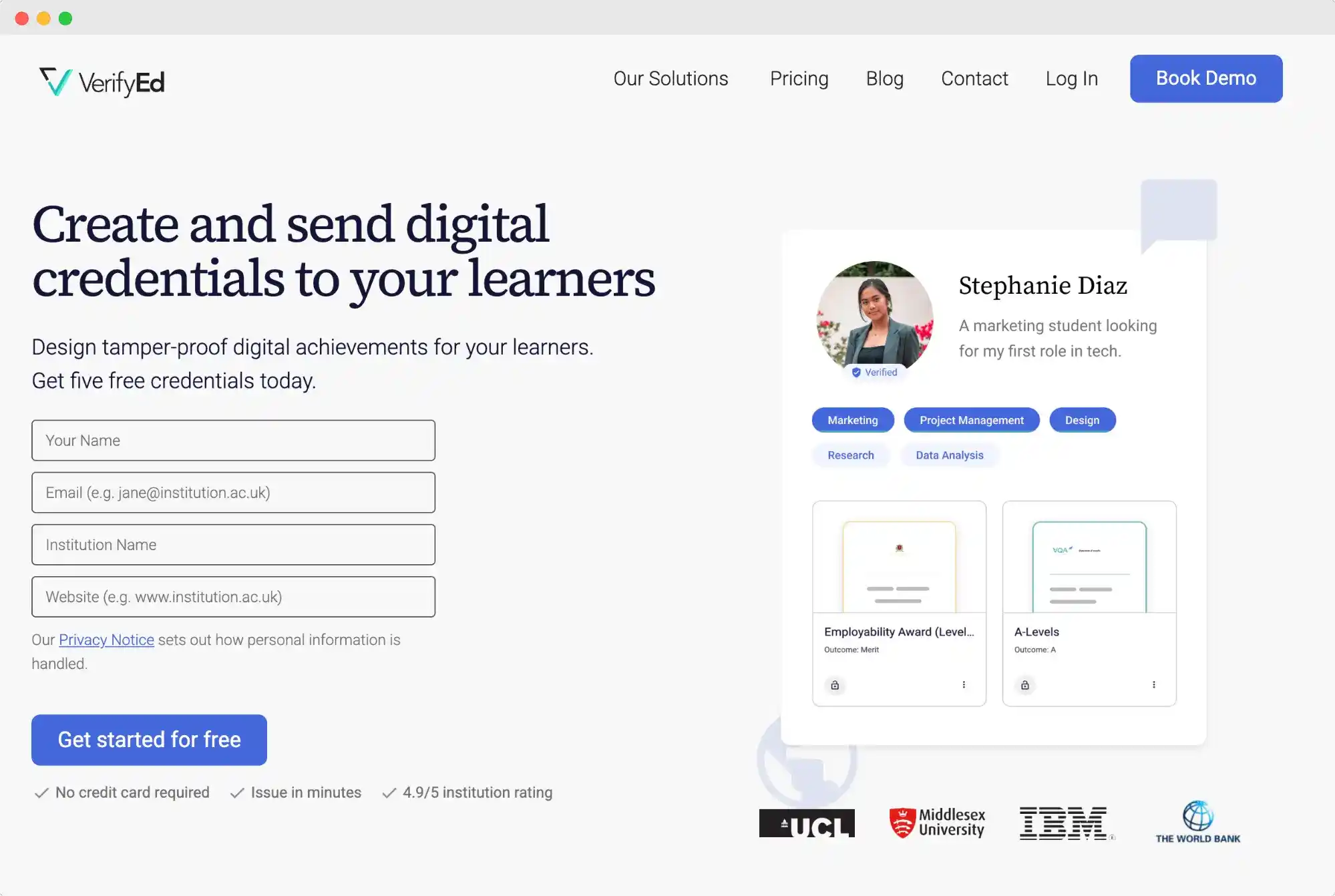 VerifyEd homepage screenshot showing its blockchain-backed credential platform for creating and sending digital certificates. VerifyEd homepage screenshot showing its blockchain-backed credential platform for creating and sending digital certificates.