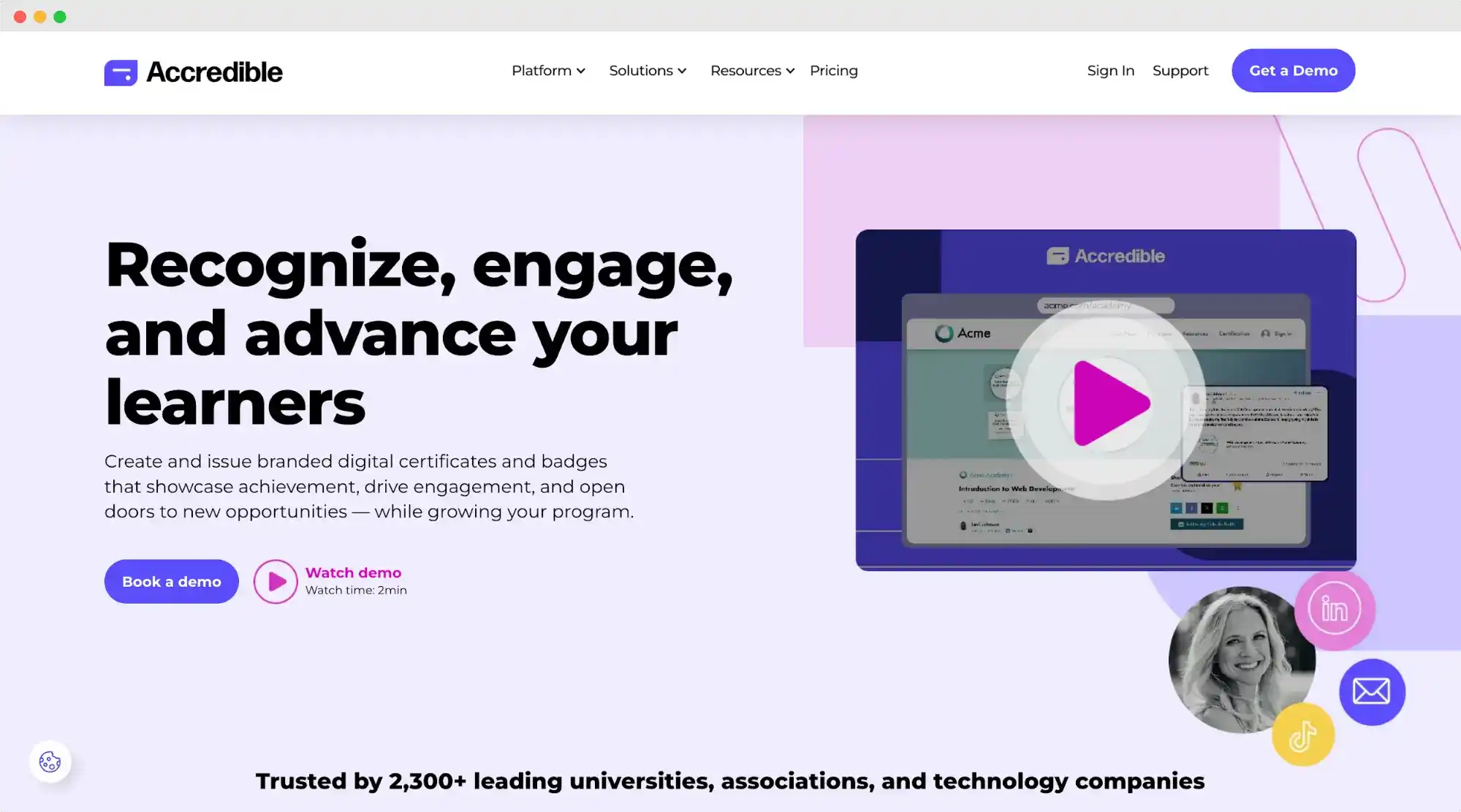 Accredible homepage screenshot presenting its platform for issuing verifiable digital certificates and badges as a VerifyEd alternative. Accredible homepage screenshot presenting its platform for issuing verifiable digital certificates and badges as a VerifyEd alternative.