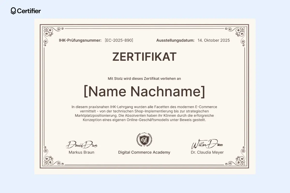 Grüne Zertifikat Vorlage mit hellem Rahmen, Titel ZERTIFIKAT ÜBER ERFOLGREICHEN ABSCHLUSS und Namensblock. Grüne Zertifikat Vorlage mit hellem Rahmen, Titel ZERTIFIKAT ÜBER ERFOLGREICHEN ABSCHLUSS und Namensblock.