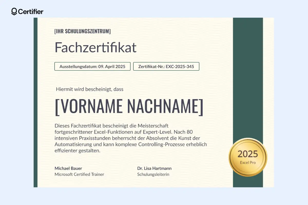 Dunkelgrüne Abschlusszertifikat Vorlage mit strukturierter Infoleiste und verifiziertem Aussteller. Dunkelgrüne Abschlusszertifikat Vorlage mit strukturierter Infoleiste und verifiziertem Aussteller.