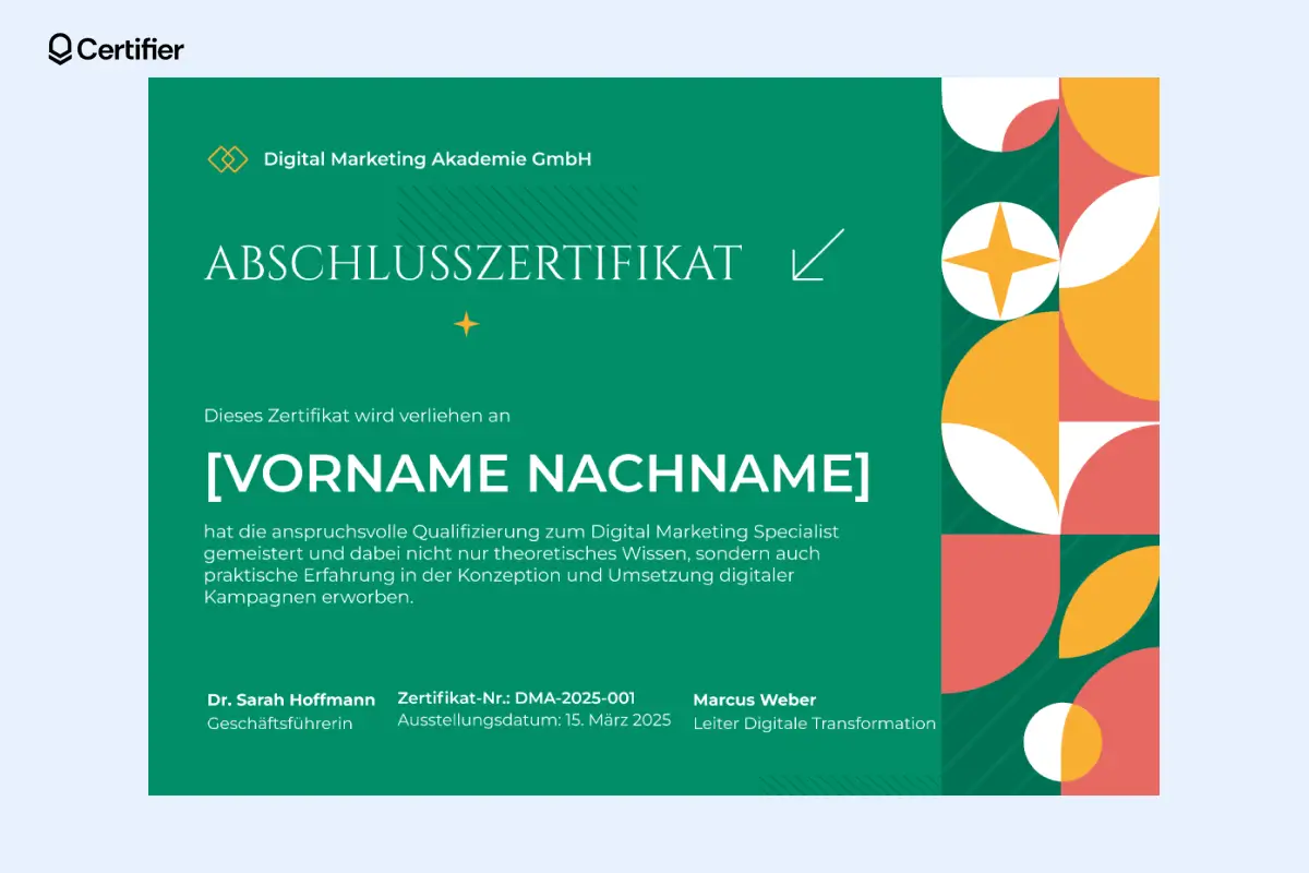 Lila Abschluss Zertifikat Vorlage mit Linienornament, klassischem Titel und zwei Signaturen. Lila Abschluss Zertifikat Vorlage mit Linienornament, klassischem Titel und zwei Signaturen.