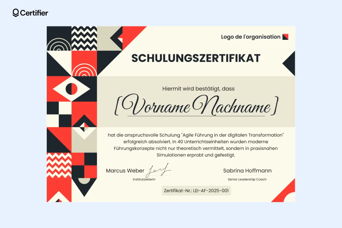 Geometrisches Zertifikat mit roten Akzenten und großem Textbereich.