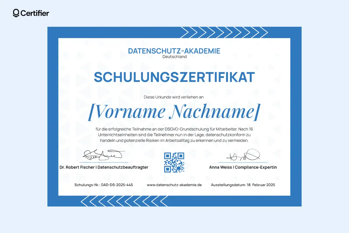 Blaues Zertifikat mit QR-Code und hervorgehobenem Teilnehmernamen.